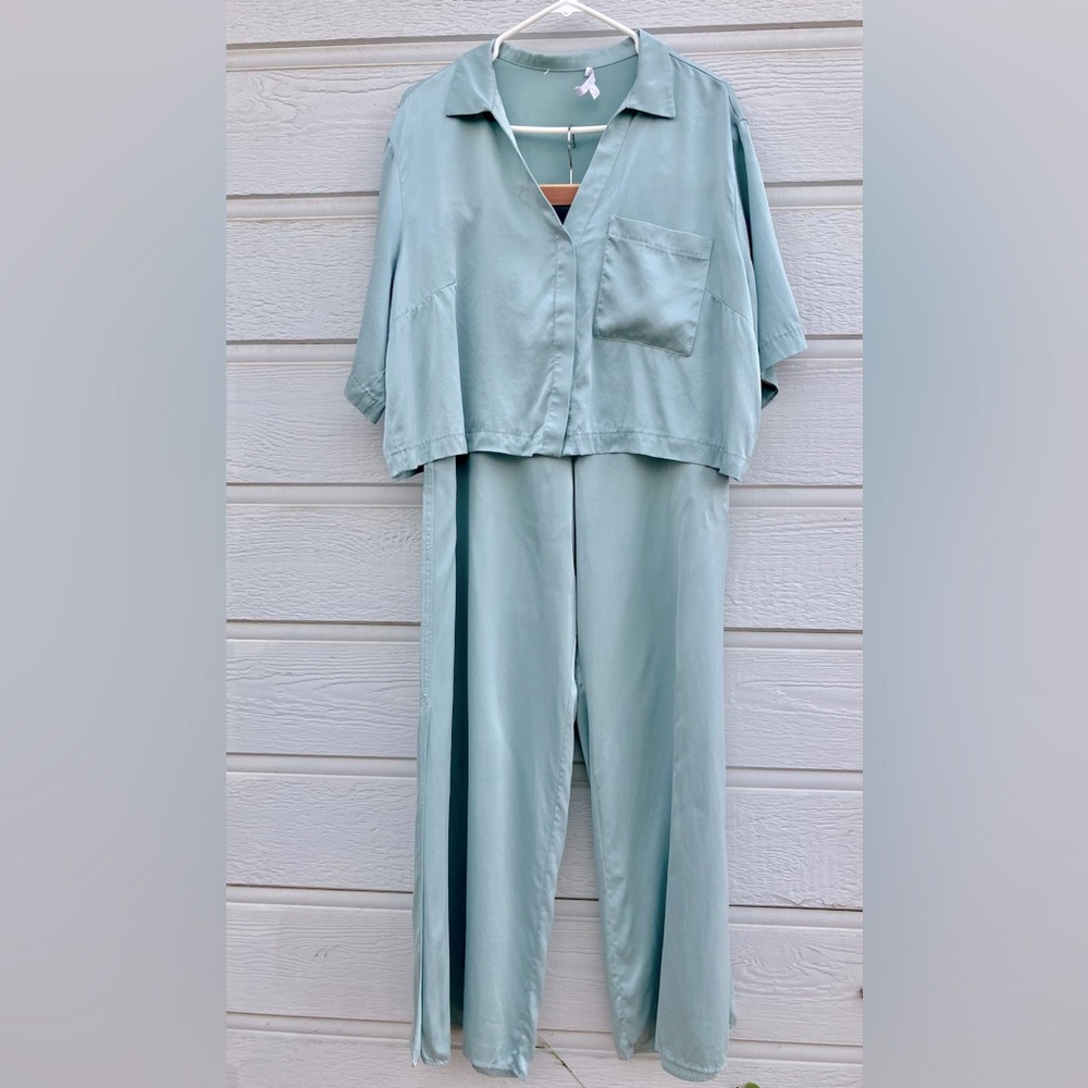 Lunya Washable Silk High Rise Pant Set Cumulous Blue XL